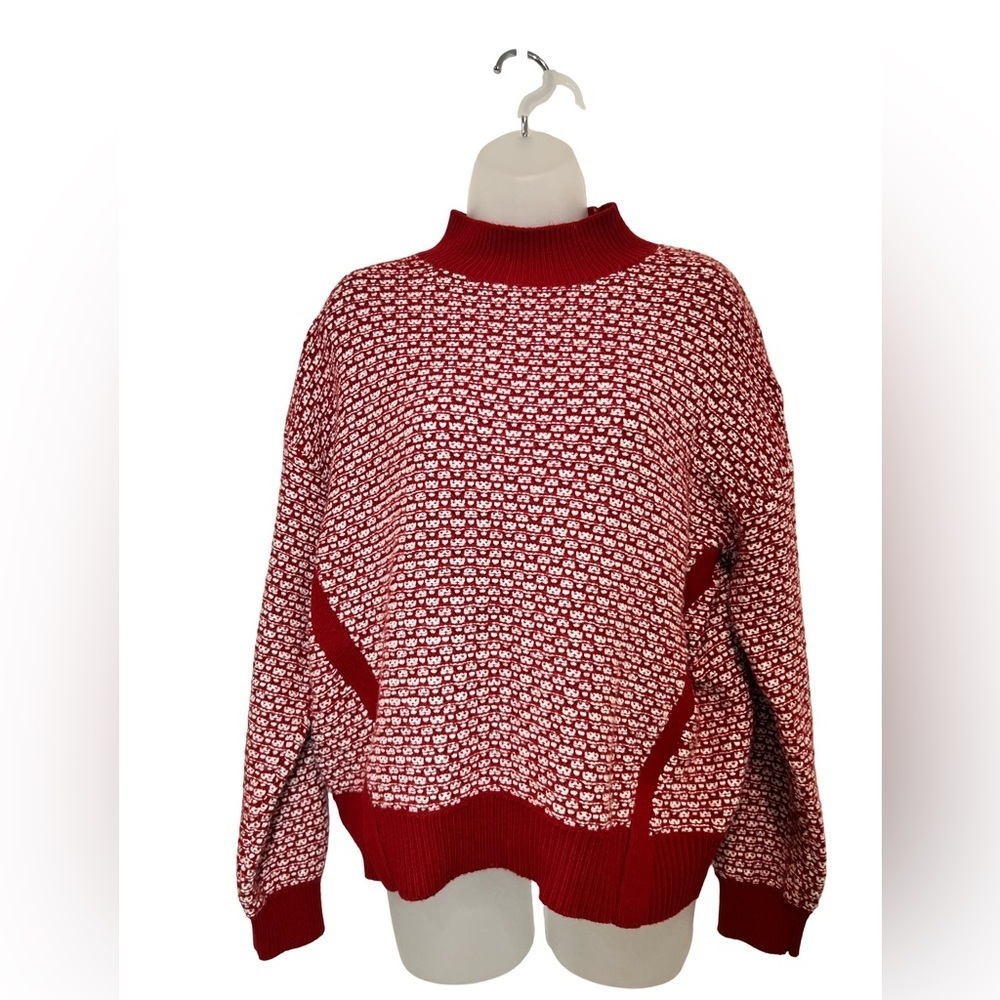 Ann Taylor LOFT Red and White Cowl Neck knit chunky Sweater cotton blend sz M